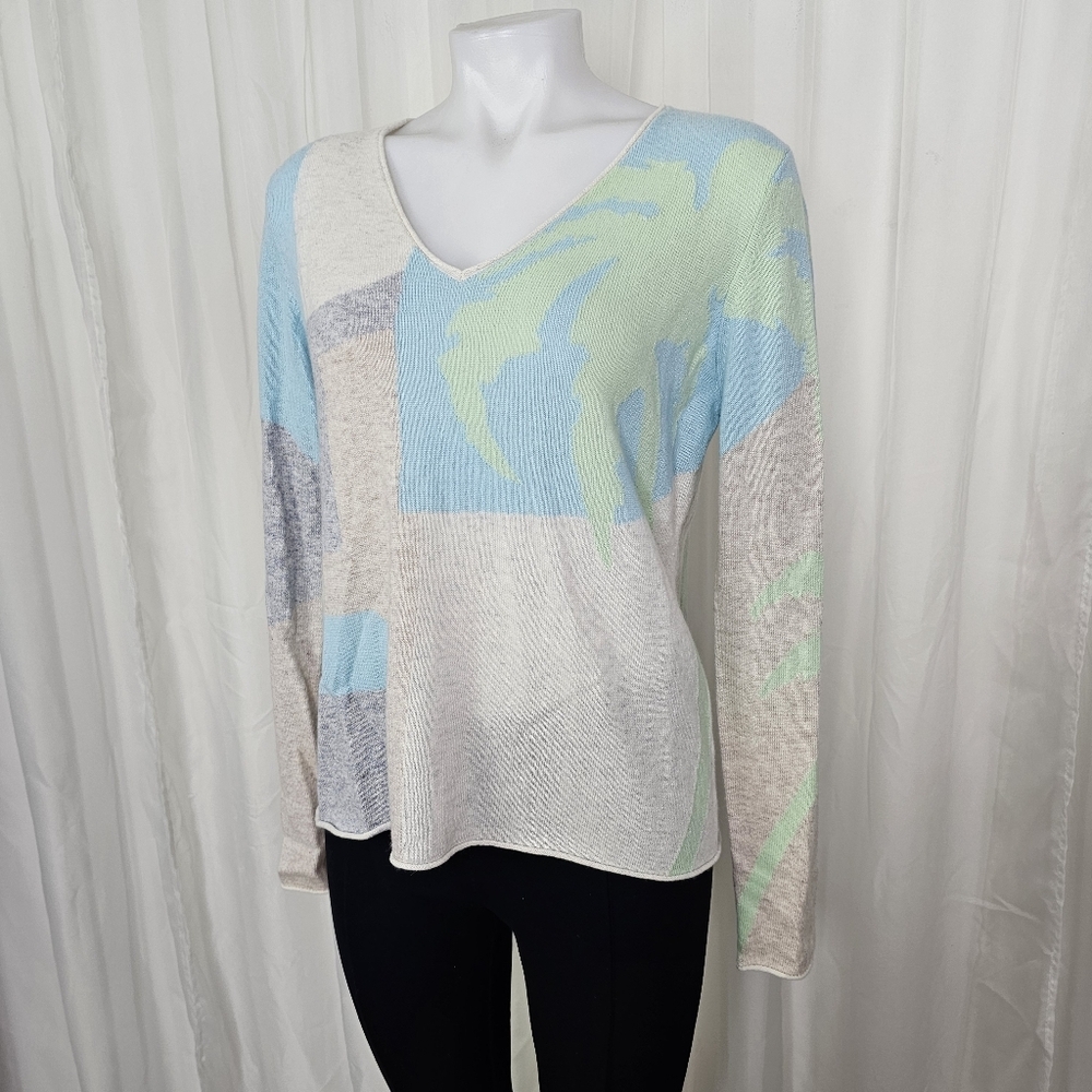 Forte Palm Tree V-neck Cashmere Sweater Size Large